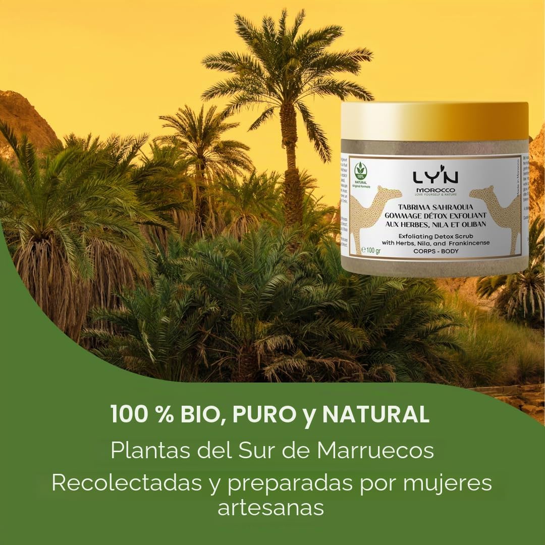 Exfoliante Corporal Brillo y Antirugosidades (Tabrima), 100%Natural y Orgánico con NILA, Oliban y Plantas-Para Queratosis, Celulitis, Desintoxicación Axilas, Antes del Bronceado y Depilación-Efectos
