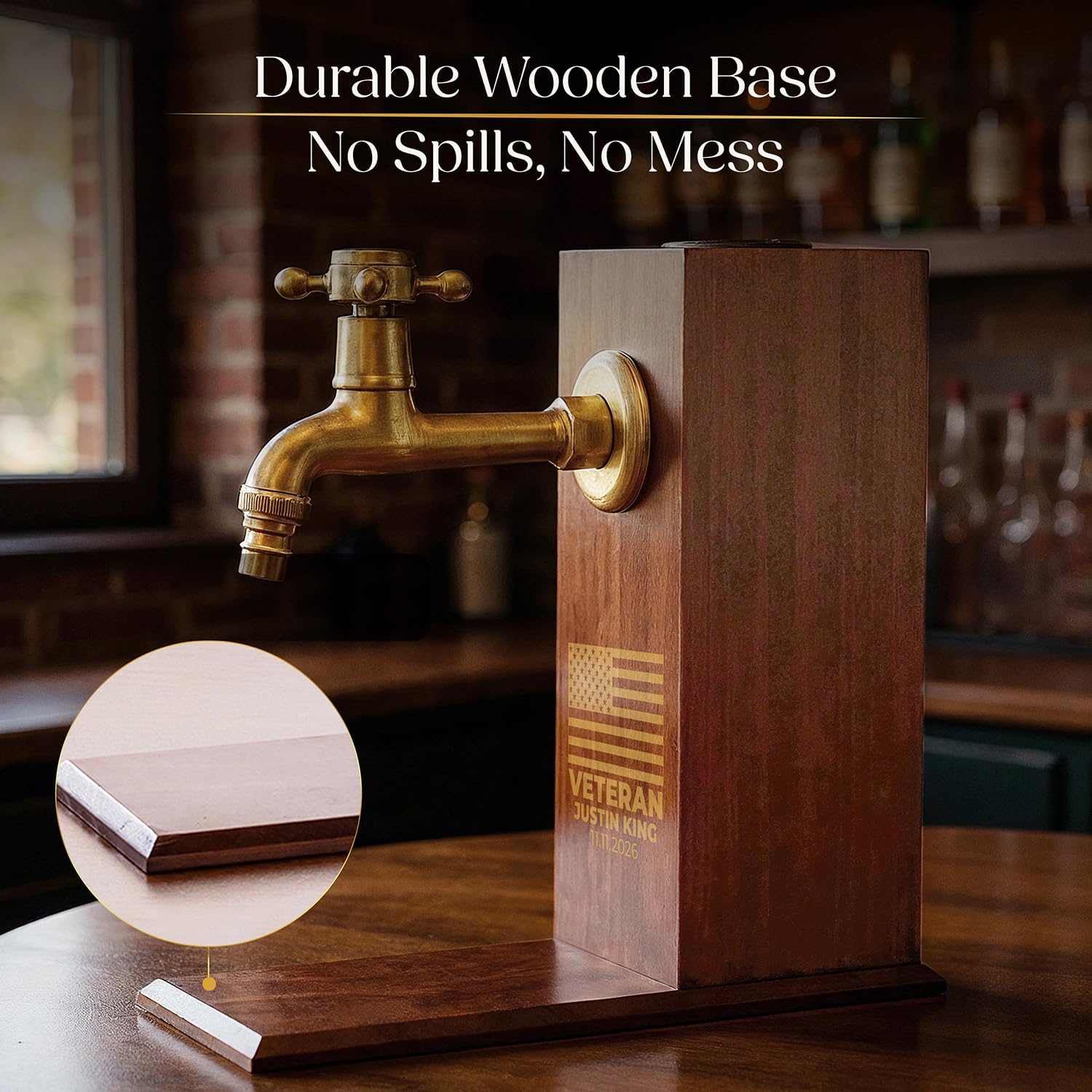 Custom Engraved Veteran Flag with Name and Date, Liquor/Bourbon Wooden Whiskey Dispenser Personalized Drink Pourer Premium Home Bar Gift for Men, Husband, Dad, Son