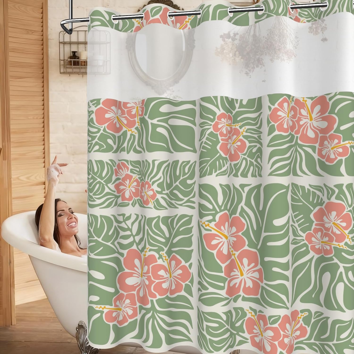 No Hook Shower Curtain with Snap in Liner, Hawaiian Hibiscus and Monstera Shower Curtains for Bathroom, Double-Layer Waterproof Shower Curtain with Sheer Top Window and Weighted Bottom, 71x74 Inches