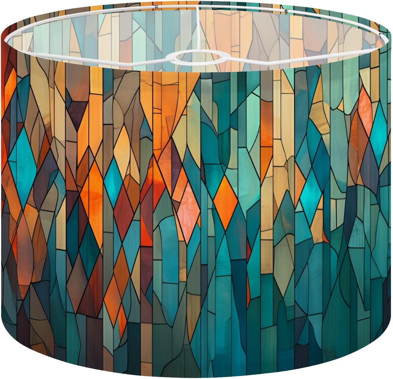 Linen Drum Lamp Shades 1 Pack, 13"x13"x10" Abstract Stained Glass Vibrant Blue Orange Teal Geometric Patterns Lampshade for Table Lamps Floor Lamps Easy Assembly Replacement Lamp Shade