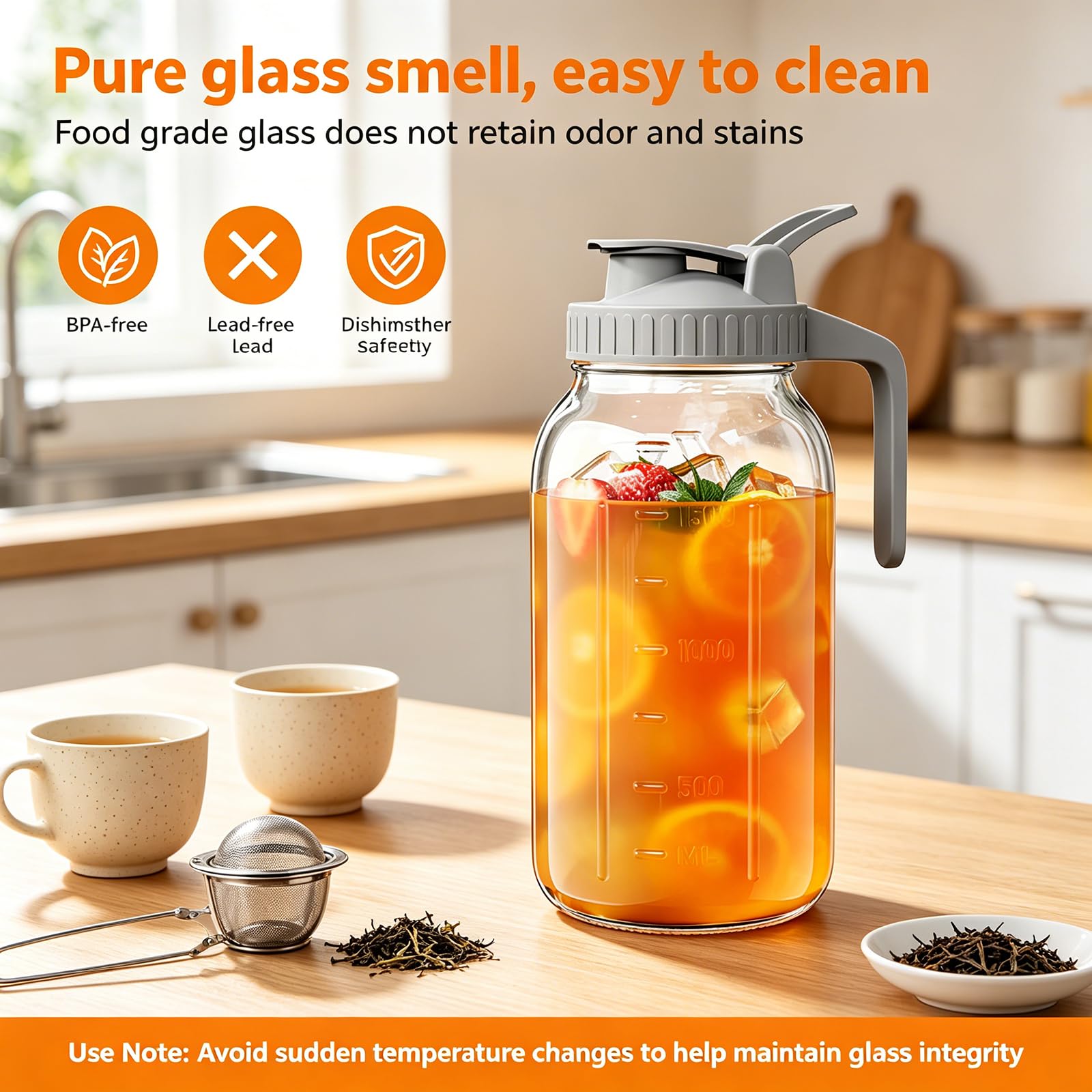 Jarra de agua de vidrio de 1701 g con tapa de bisagra y filtro de café para té y bebida fría