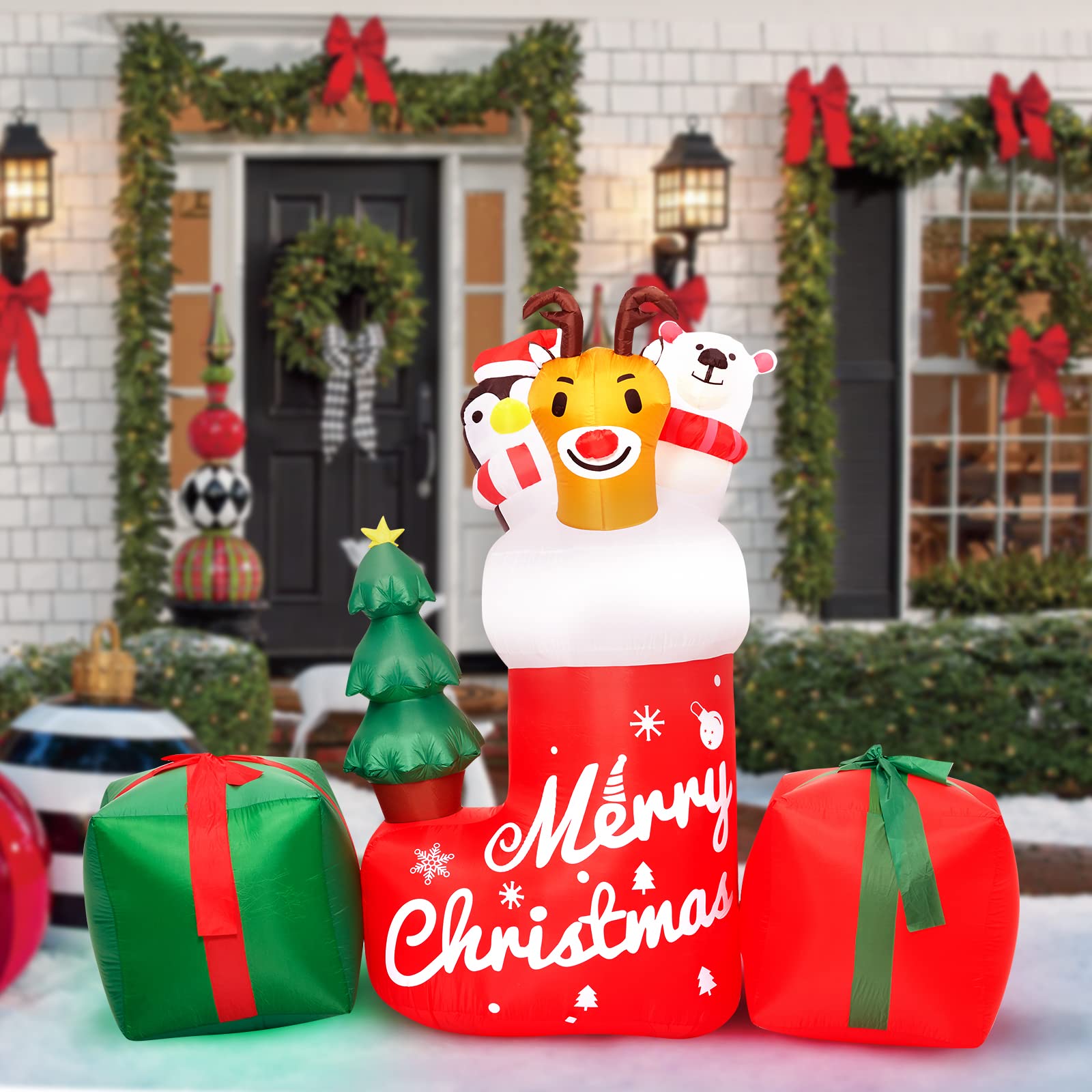 Garvee 8ft Aufblasbare Weihnachtsdekoration für draußen – Beleuchtetes Tier in Weihnachtssocke mit Geschenkbox – LED-Beleuchtung – Perfekt für Garten & Hof – Christmas Socks Animal Inflatable Model