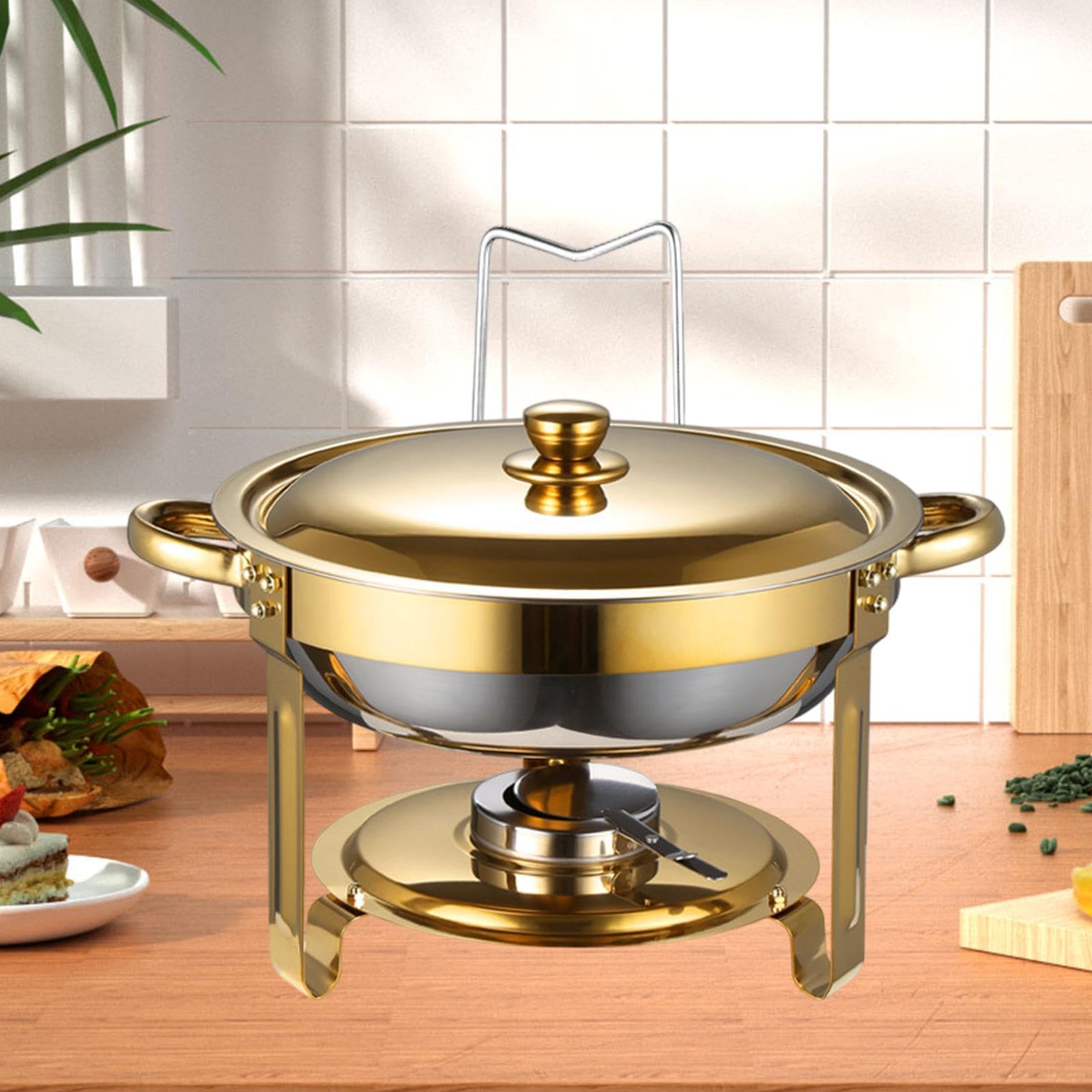 Juego de Buffet con Recipiente Calentador, Soporte Grueso Y Fácil de Limpiar, Ideal para Servir Comida. Calentador de Alimentos para Tabletas, Oro, Individual