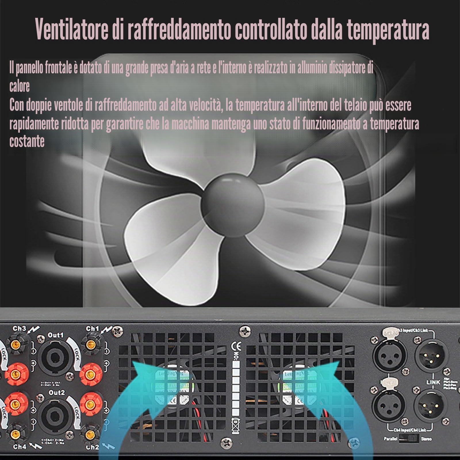 Amplificatore Audio Professionale da 1000 W X 4, Amplificatore di Potenza per La Casa con Luci a Spettro LED, Uscita Indipendente a 4 Canali, 2 Ventole di Raffreddamento, per Casa