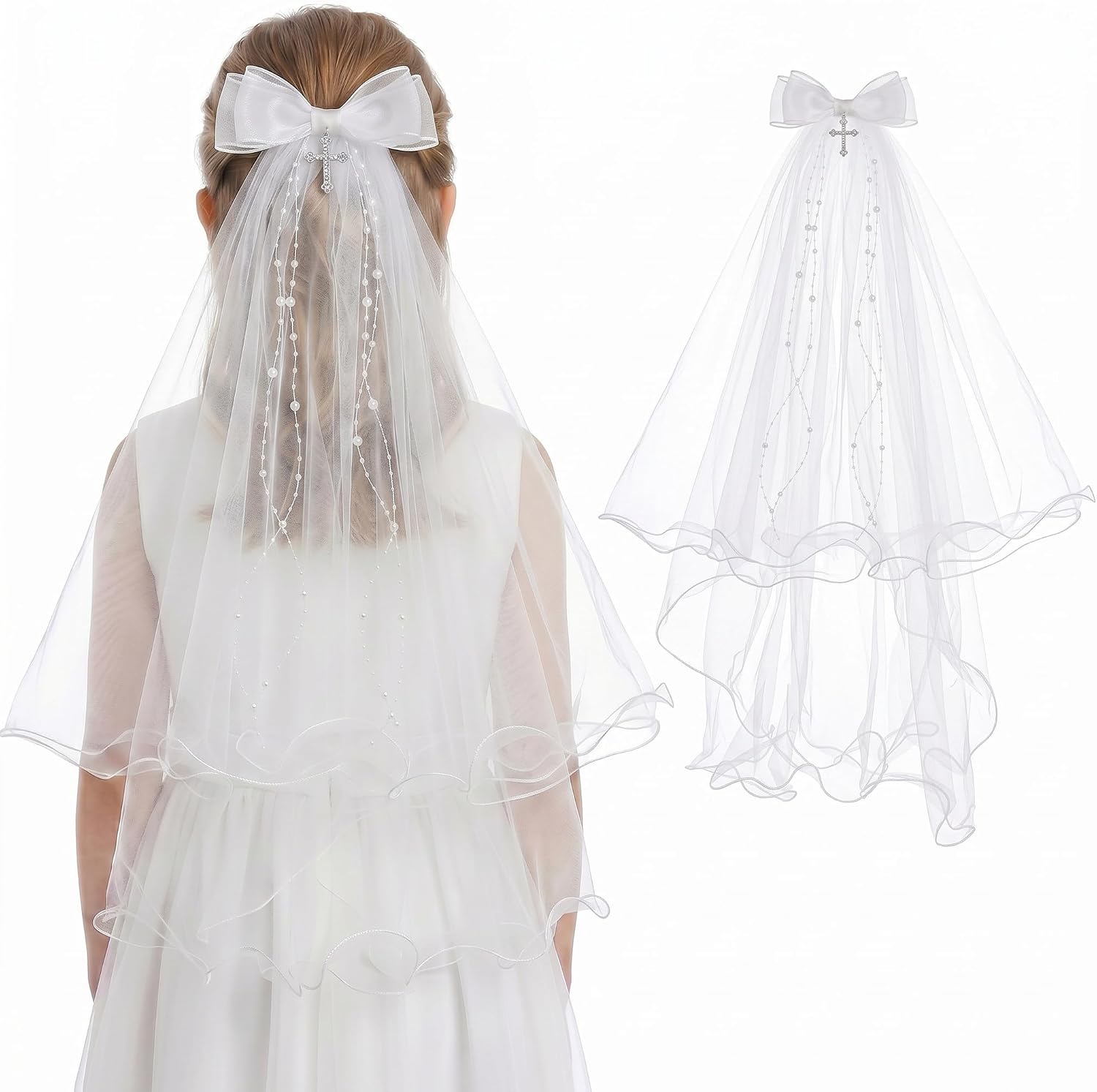 First Communion Veil for Girls, White Bow Communion Veil with Cross & Pearl Beads, Catholic First Holy Communion Headpiece