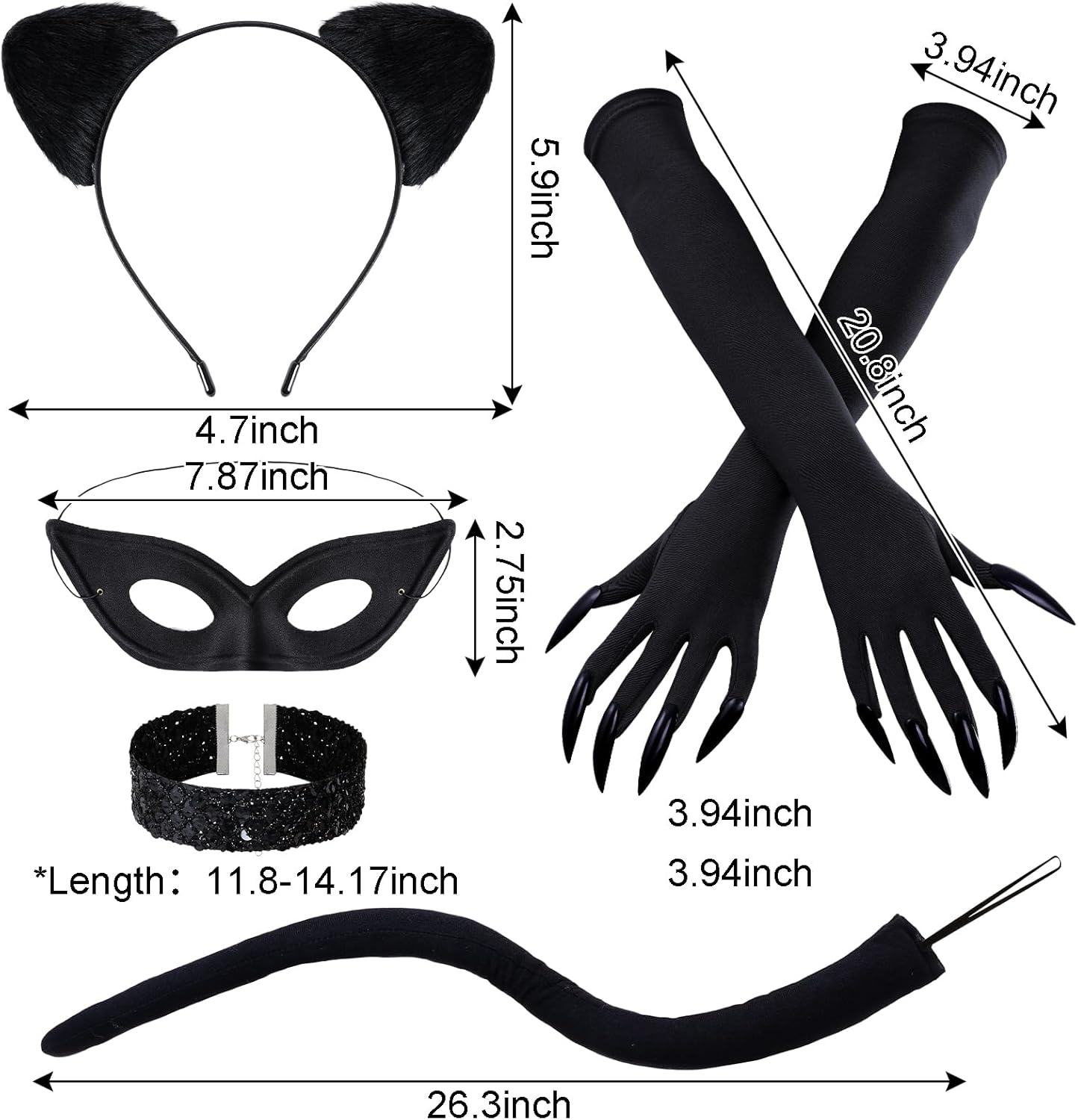 5pcs Black Cat Costume Accessories Include Cat Ear Headband Mask Necklace Claw Gloves Tail for Women Halloween Cosplay Party - Image 2