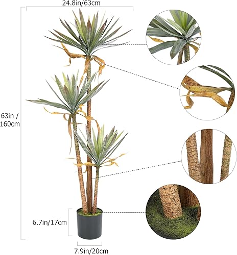 Miniatura 3 de crapelles Árbol de yuca artificial, planta falsa de 63 pulgadas de alto, planta sintética grande con maceta de plástico, plantas realistas de 5.25
