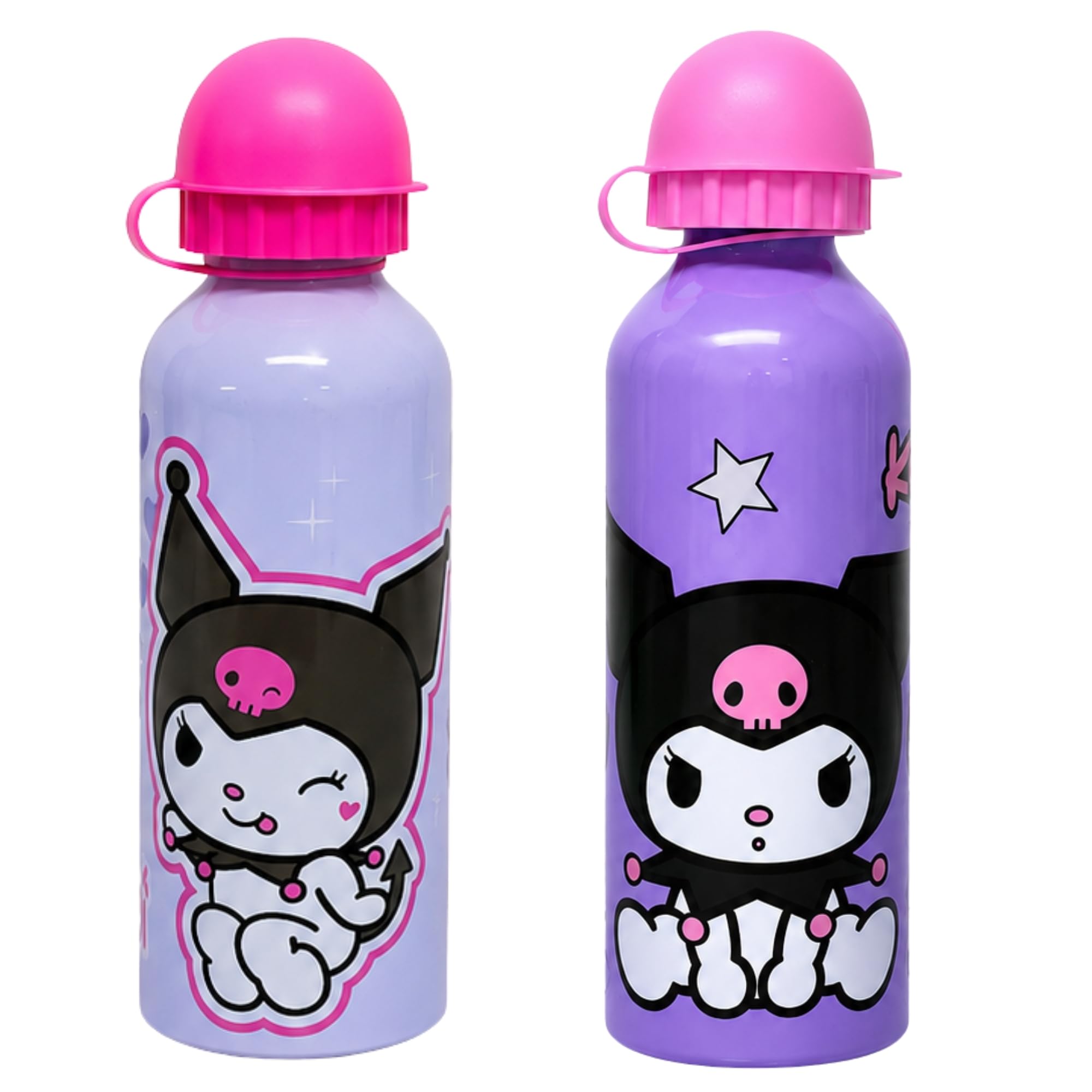 SRV Hub 2x Kuromi Purple & Lilac Blue Aluminium Water Bottle Set 500ml Kids Reusable Character Drinks Bottle School Gift