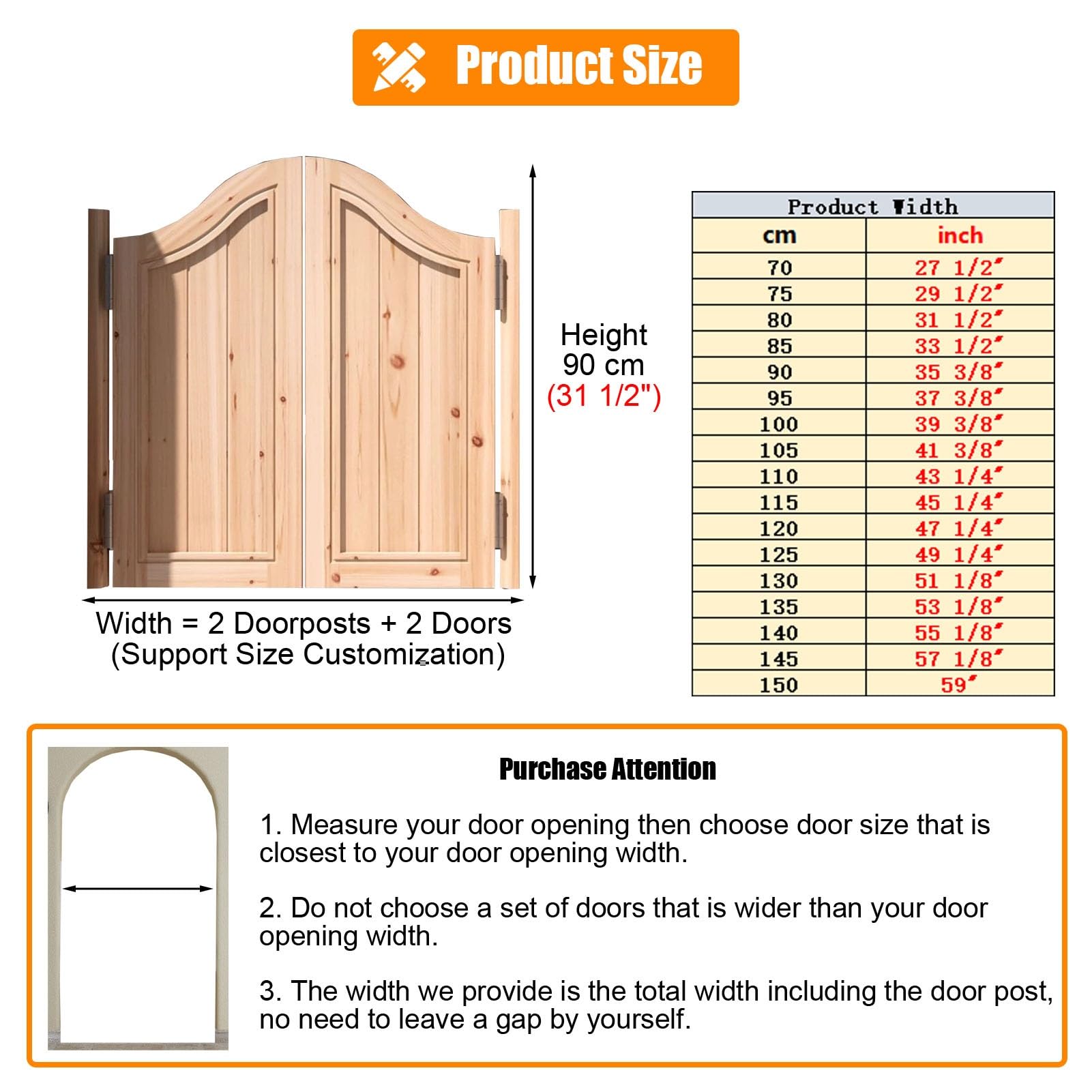 Schwingtür Schwingtüren aus Unlackiertem Holz, Cowboy-Tür im Western-Stil mit Metallscharnieren, Saloon-Tür mit Lamellen für Emporium/Garten/Öffentliche Toilette/Balkon (Color : B, Size : WxH