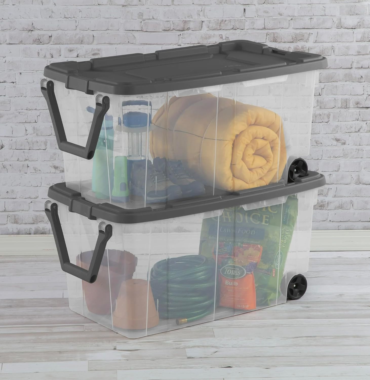 160 Quart Wheeled Stacker, Extra Large Durable Clear Bin, Latch Lid and Pull Handle, Gray, 2 Count