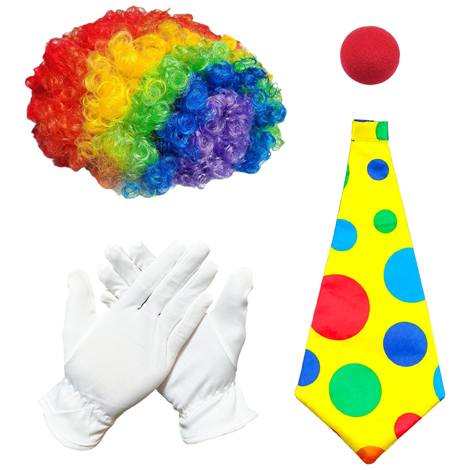 GWAWG Accesorio de Traje de Payaso, Peluca Rizada + Nariz del Payaso + Corbata Colorida + Guantes, Trajes de Carnaval de Halloween para Mujeres Hombres