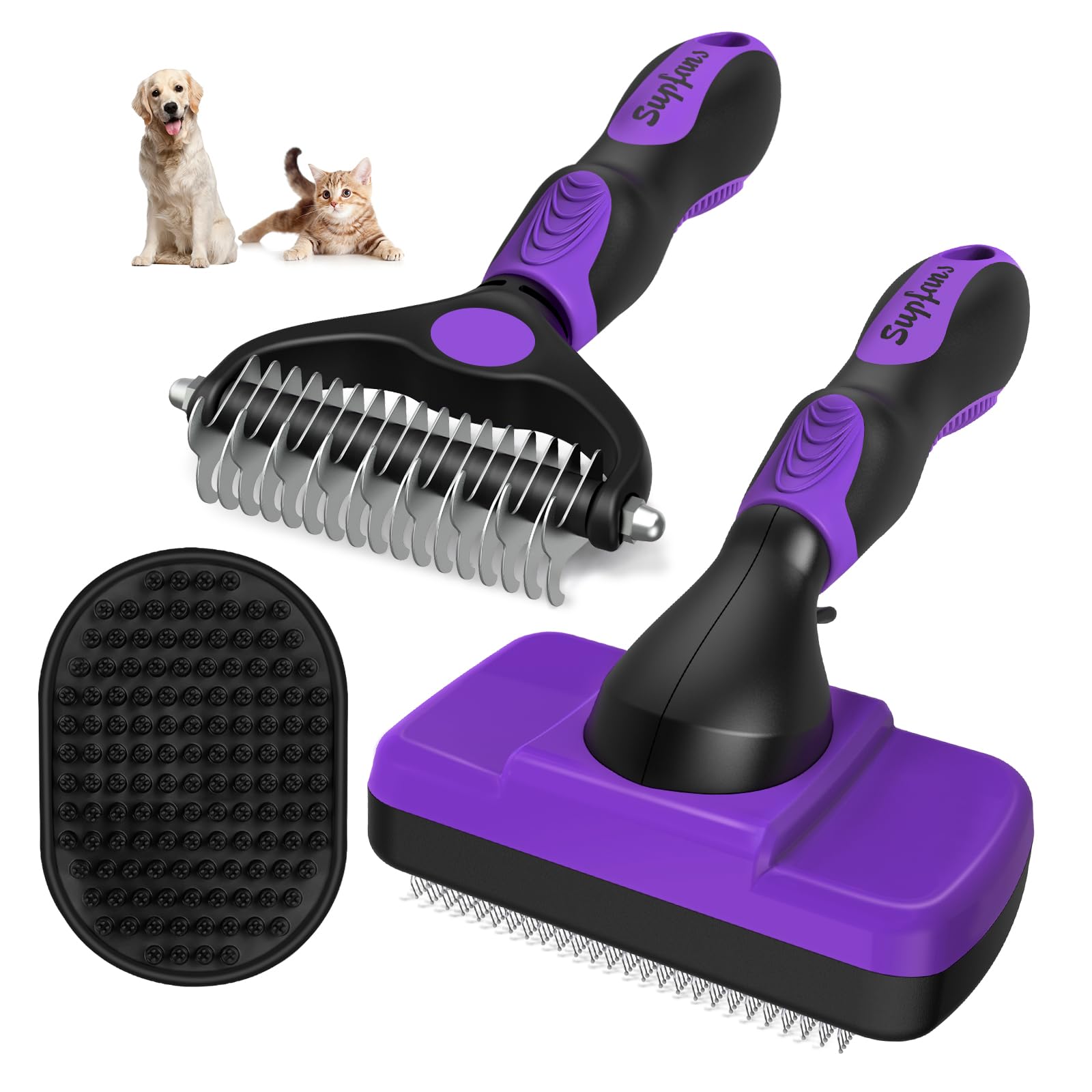 Augwind 3PCS Self Cleaning Slicker Brush & Pet Grooming Rake & Bath Brush for Dogs and Cats | Skin Friendly Deshedding Grooming Tool & Double-Sided Dematting Tool | Premium Pet Supplies (Purple Black)