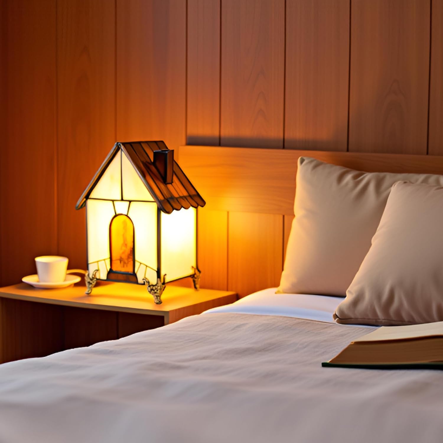 Small Tiffany Stained Glass Style Mini Lighthouse Table Lamp, Retro Decorative Lamp, Suitable for Bedroom Office Home Decoration 4.2X 4.2X 6.7(White Brown)