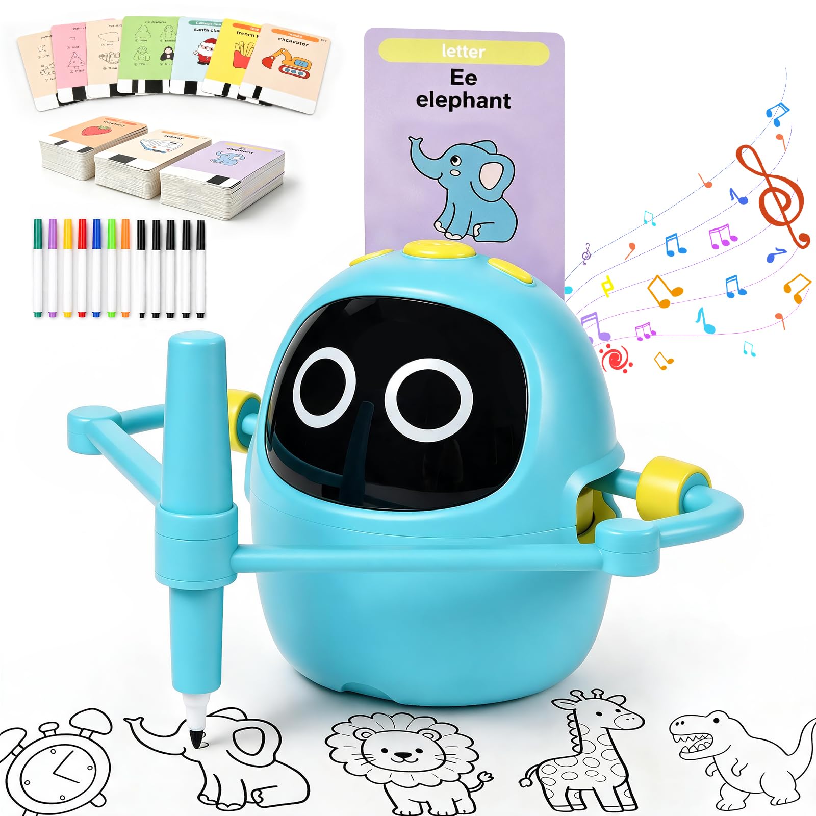 Jusvenmt Drawing Robot for Kids, Smart AI Drawing Machine with 220 Cards &12 Pens, Voice Interactive Montessori Painting Toy, DIY Arts & Crafts Christmas Birthday Gift for Boys & Girls Ages 3-8, Blue