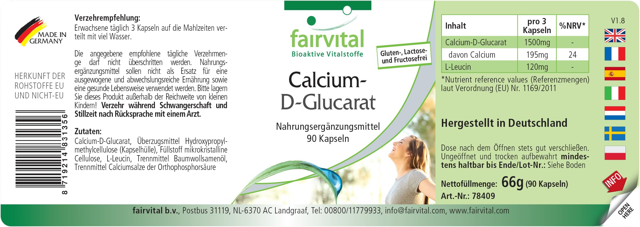 fairvital Glucarato de calcio, 90 cápsulas, 1500mg, de los cuales 195mg son calcio por dosis diaria, calidad certificada y alta dosis, 100% vegano, fabricado en Alemania