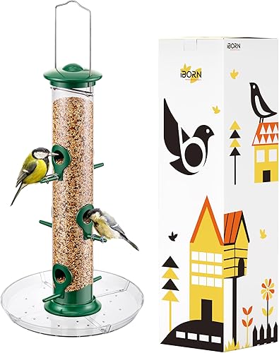 iBorn Comedero para pájaros con 6 puertos para colgar en el exterior, alimentador de pájaros cardenales de metal de aluminio, acabado verde, 14