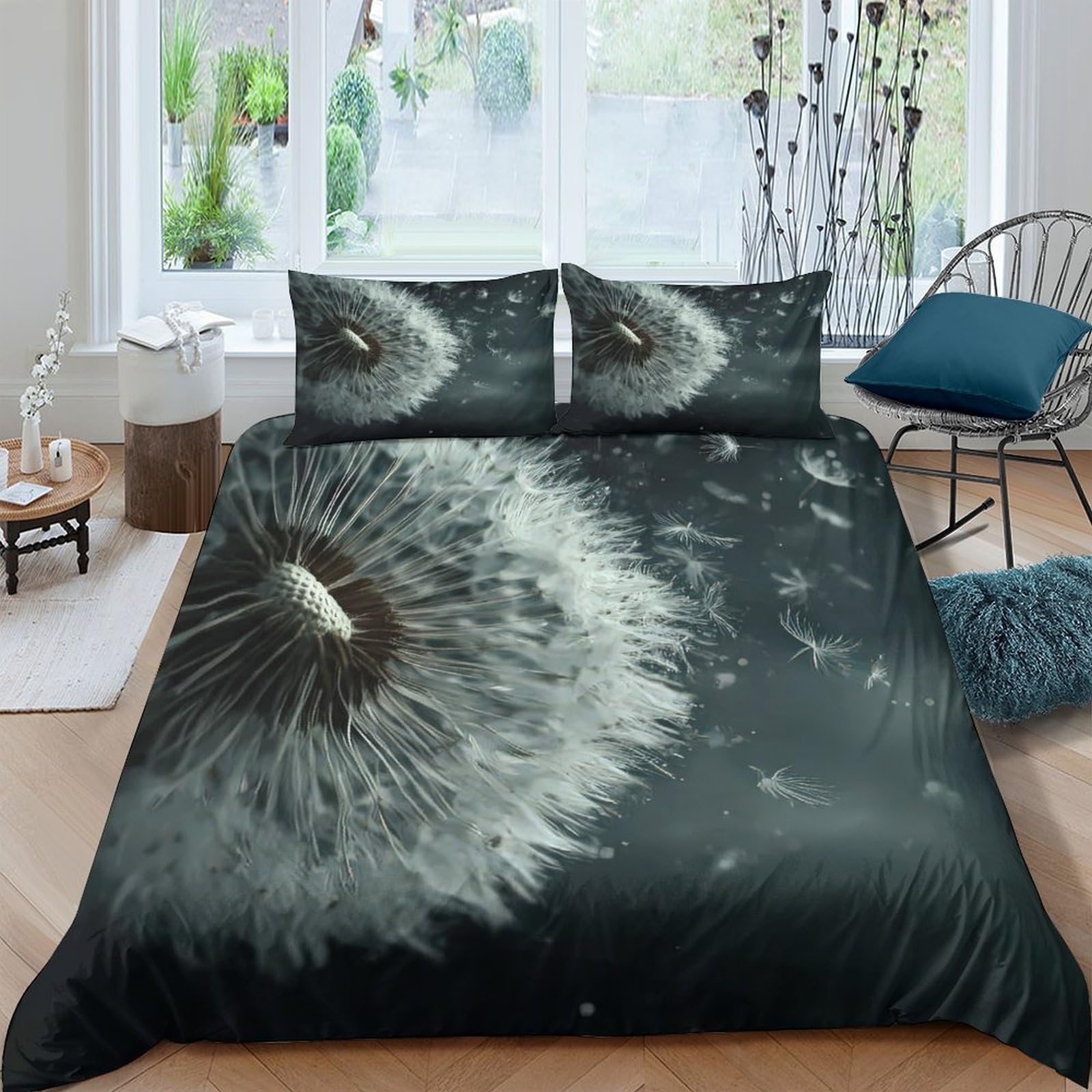 GPLZQXKJNH 3D Printed Dandelion Pattern Duvet Cover Set Microfiber Soft Breathable Seeds Quilt Cover with 2 Pillowcases for Bedroom Decor Single（135x200cm）