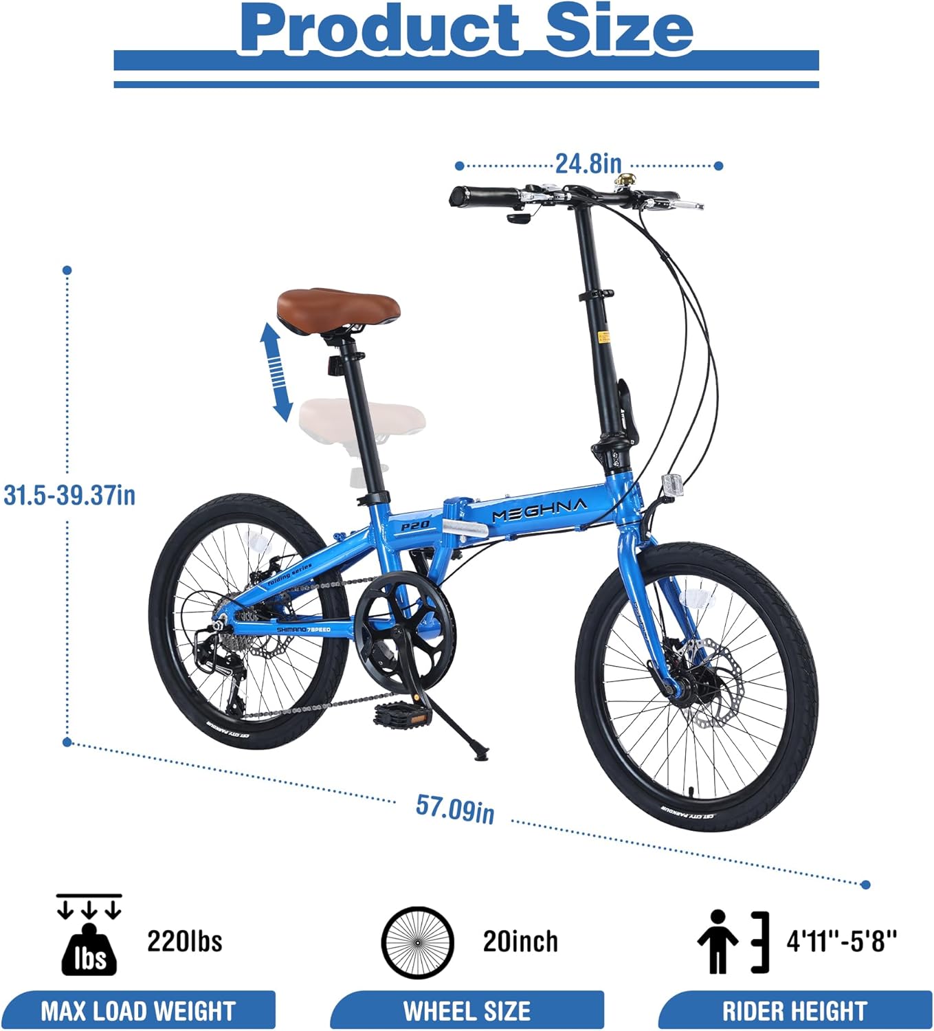 20 Inch Folding Bicycle, City Bike with Lightweight Aluminum Frame and Disc Brake, 7-Speed Commuter Bike for Adult Garden Outdoor
