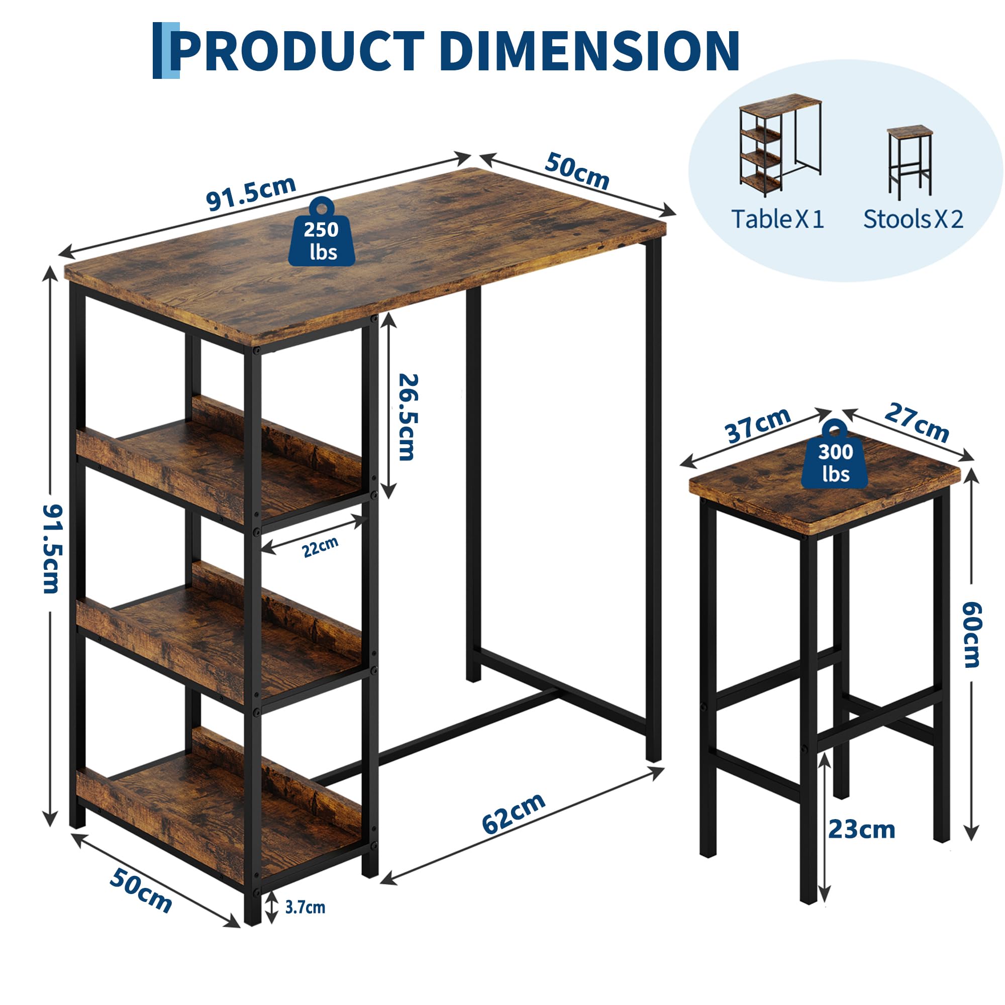 Garvee Bar Tisch Und Stühle Set, Rechteckiger Pub Tisch Mit 2 Hockern Für Kleinen Platz, High Top Tisch, 3-Teilige Frühstück Hocker Set, Robuster Metallrahmen, Einfach Zu Montieren, Rustikal Braun