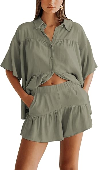 Qiaomai Womens 2 Piece Outfits Summer Ruffled Shirt and High Waist Shorts Matching Set