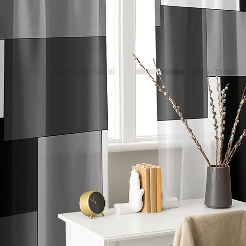 Vista 6 de Cortinas geométricas de cocina negras y grises de 63 pulgadas de largo, juego de 2, cortinas grises y blancas para dormitorio, sala de estar, Gris