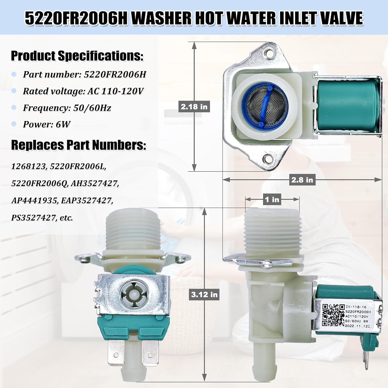 5221ER1003A & 5220FR2006H Washer Water Inlet Valve Set, Washing Machine Water Valve Assembly Replacement Parts 5221ER1003C 5220FR2006L AP4441935 AP4442608 PS3527452