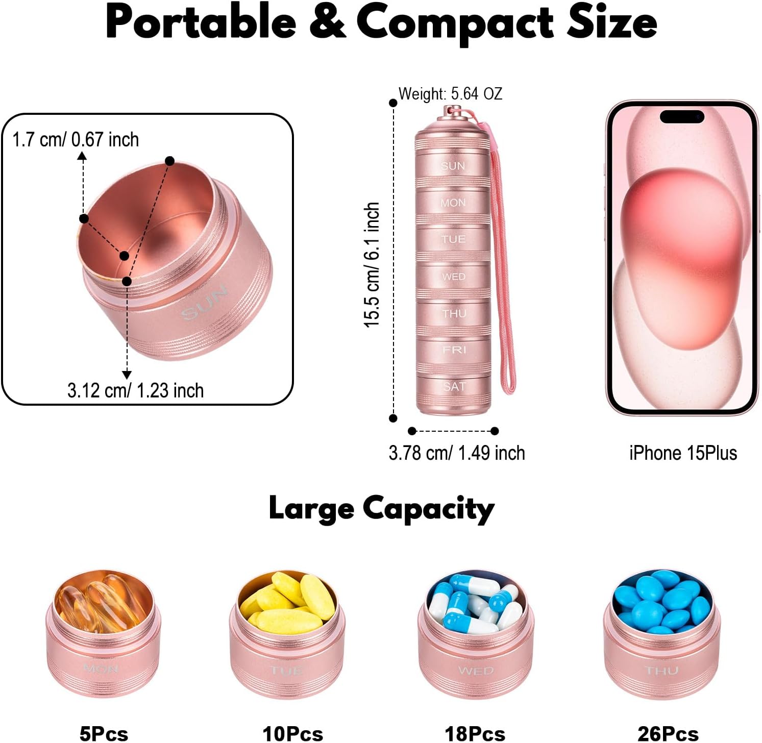 7 Day Travel Pill Organizer - Metal Waterproof Vitamin Case Pill Box, Daily Pill Container 7 Compartments, Weekly Pill Containers for Medicine Supplements Fish Oil