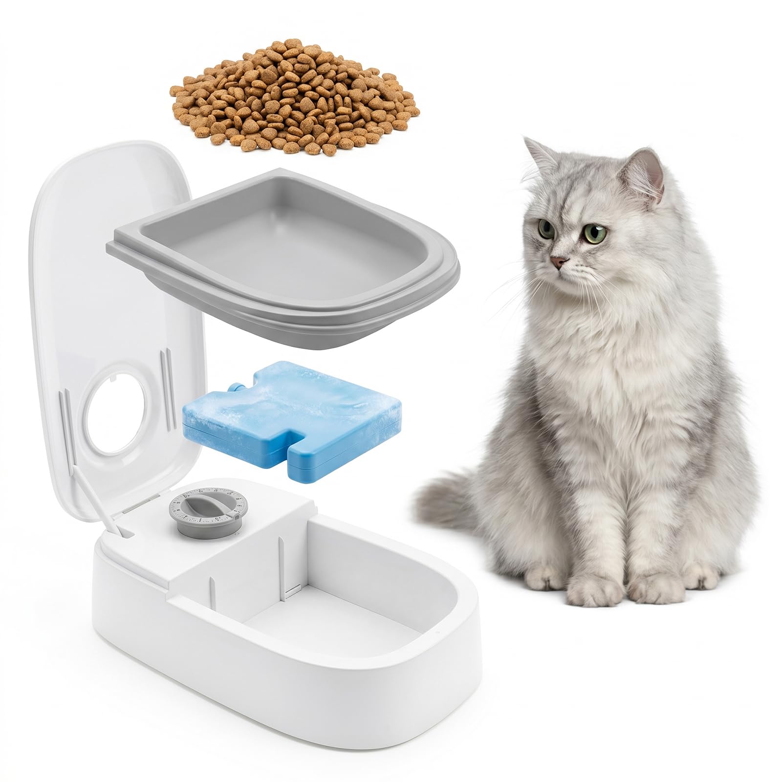 Automatic Cat Feeder for Wet & Dry Food, Single Meal Timed Pet Feeder with Ice Pack, Keeps Food Fresh During Workdays, Overnight Feeding & Short Absences