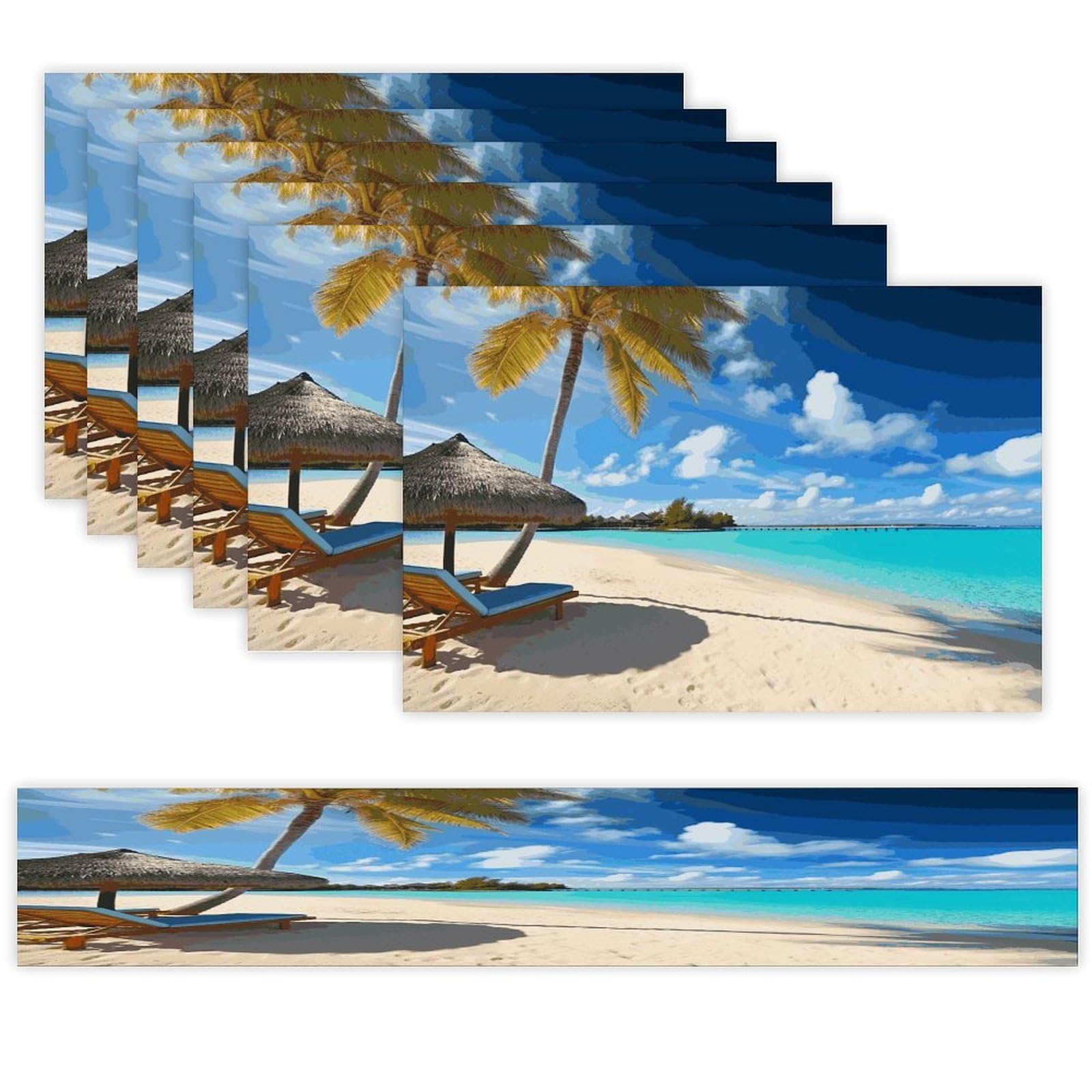 Tropical Beach Table Runner and Placemats Set of 6 Wipe Clean Heat Resistant Table Mat with Table Runner Decorations Flax Linen Place Mat Set for Home Kitchen Party Supplies