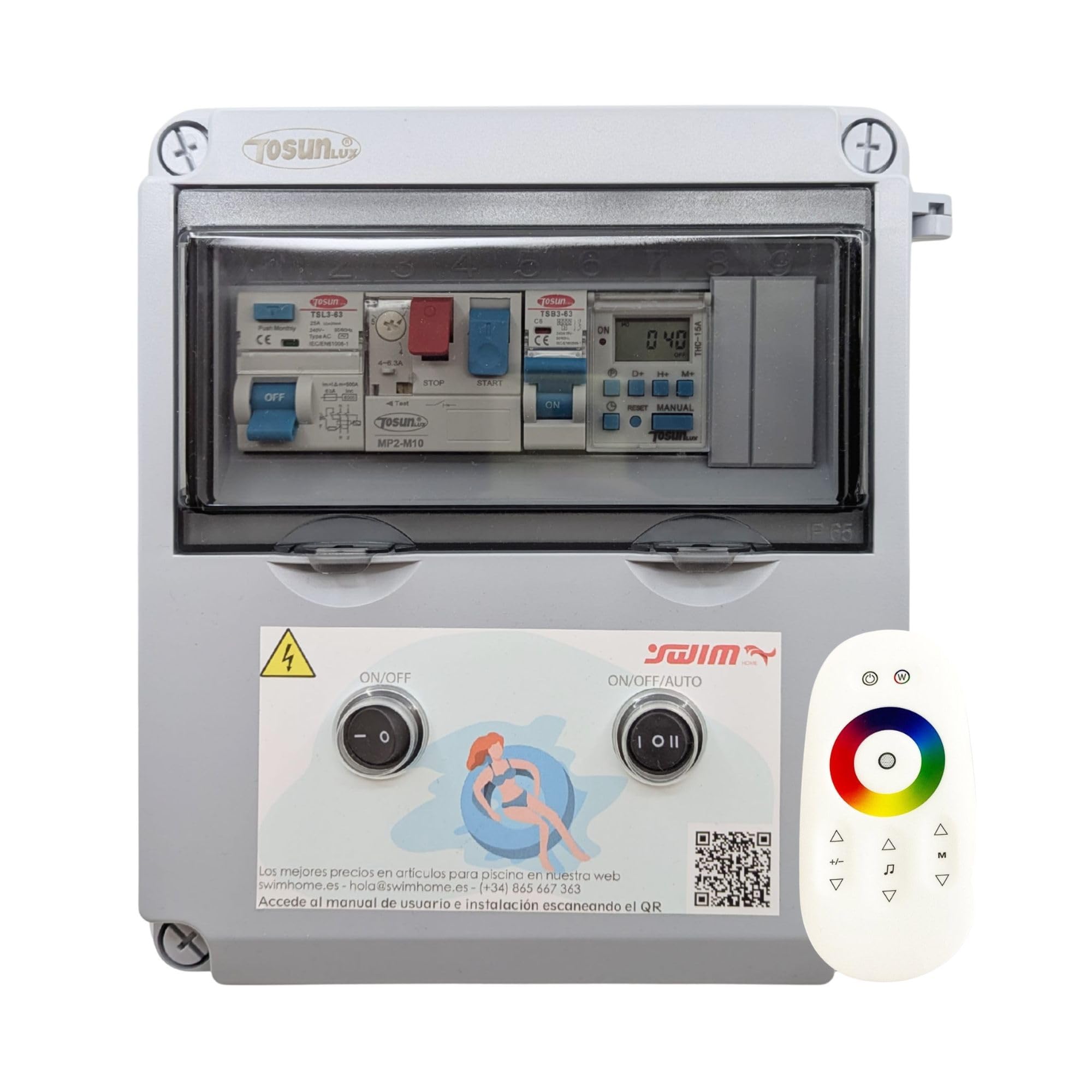 SWIMHOME Cuadro Eléctrico para Piscina Iluminación y Motor | Guardamotor y Transformador | Controlador WiFi RBG+Blanco | 60W 12DC