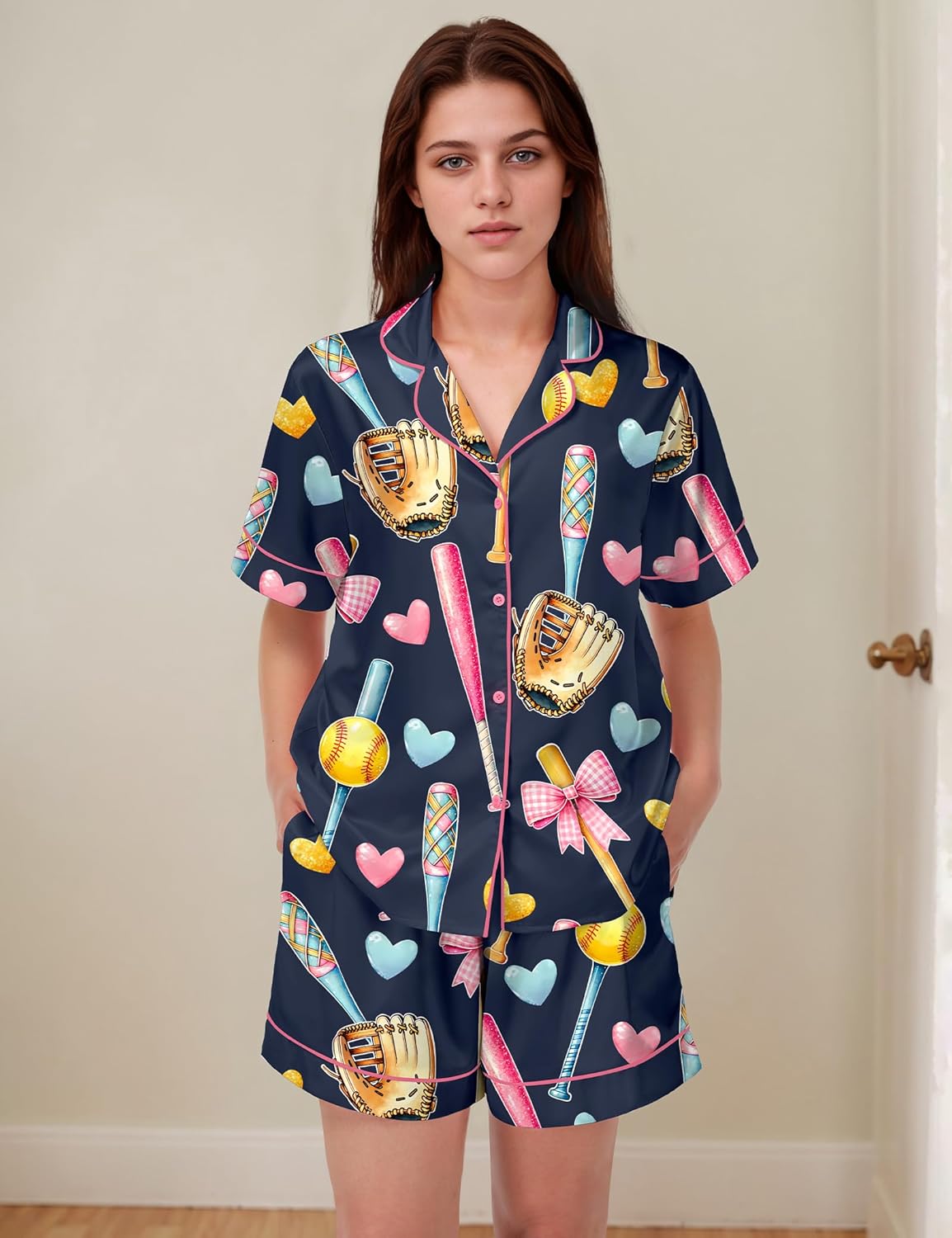 SHESHOW Pajamas for Women Set Satin Button Down Short Sleeve Top and Shorts Pjs Sets Sport Ball Print Sleepwear XS-XXL - Image 5