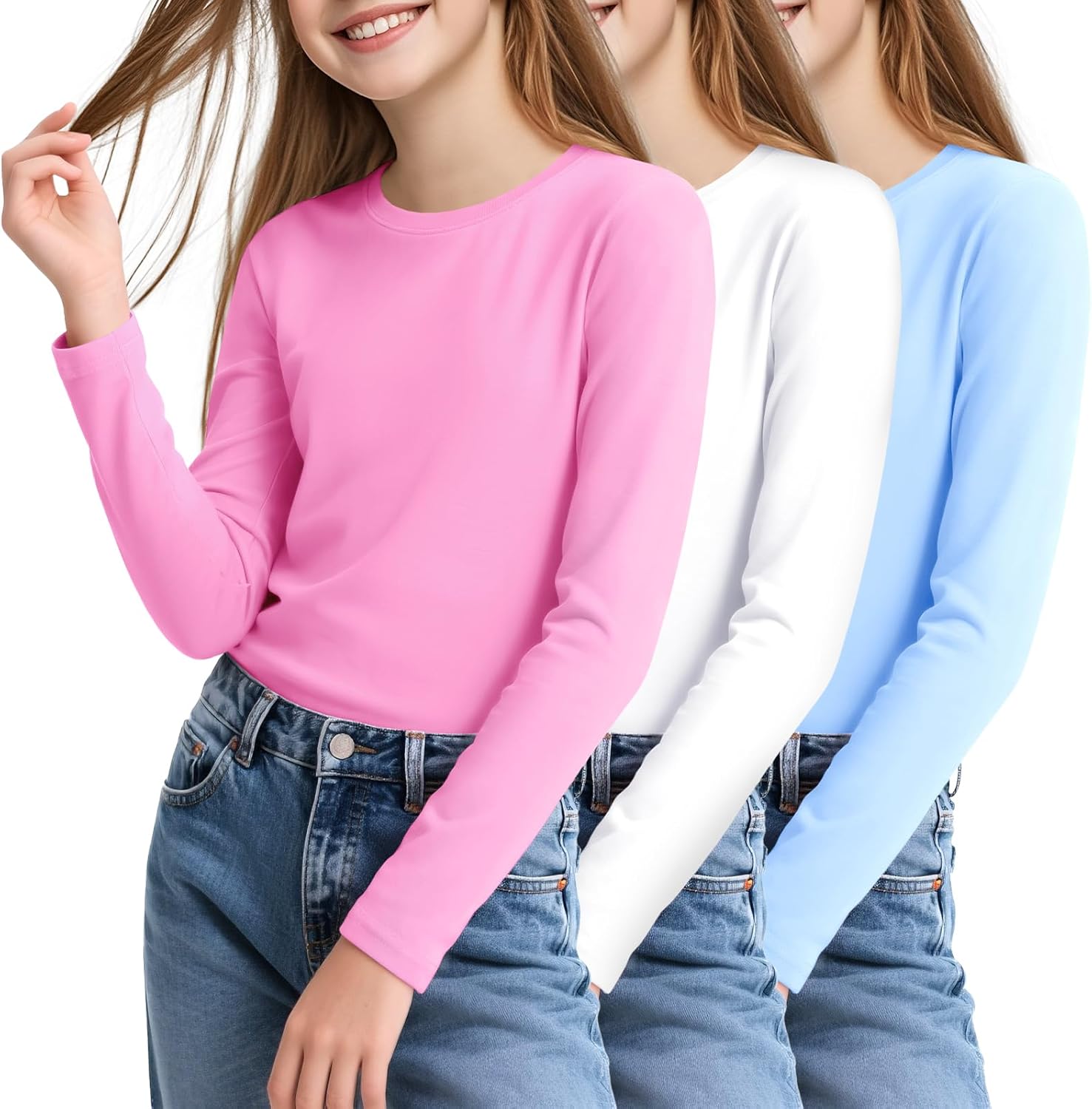 KEREDA 3 Pack Girls Long Sleeve Shirts Soft Cotton Crewneck Plain Tops Tees Clothes for Kids Tween