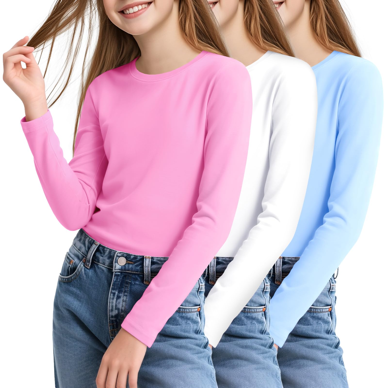 KEREDA 3 Pack Girls Long Sleeve Shirts Soft Cotton Crewneck Plain Tops Tees Clothes for Kids Tween