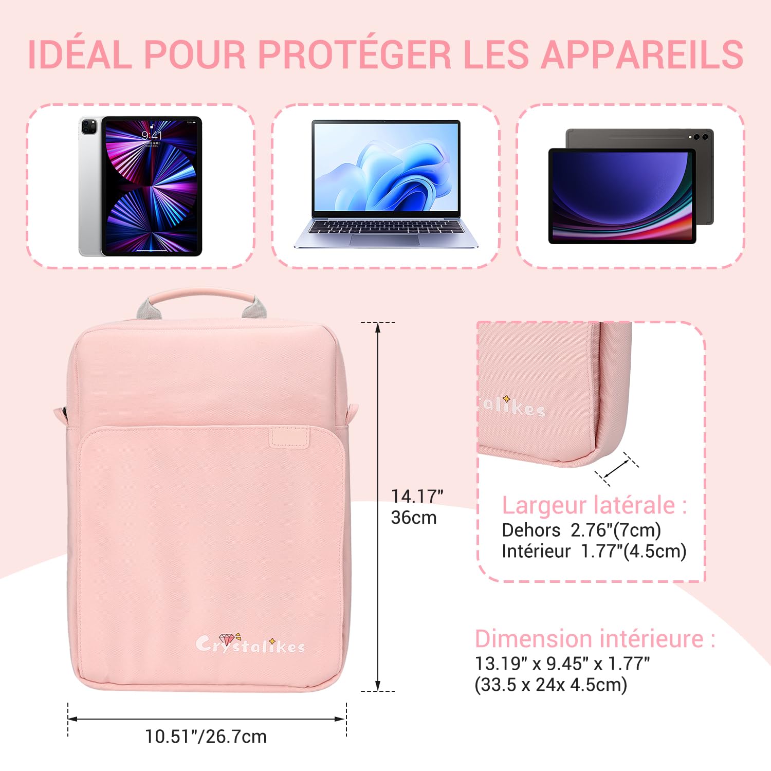Housse Proctive avec bandoulière pour tablette de 13" – Compatible avec iPad Pro 11", 10e et 10,9", iPad 9/8/7e génération, Tab S8/S9 11" (rose)