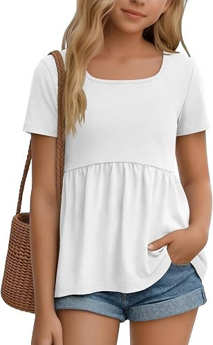 LessonZoo Girl's Short Sleeve Square Neck Tops, White, 9-10 Years