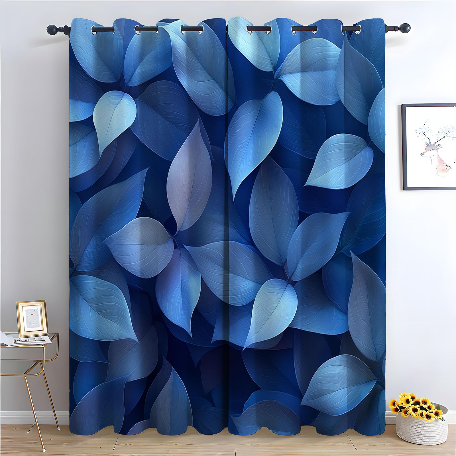 Rideau de fenêtre anti-regards bleu-gris à feuilles H140 x L110