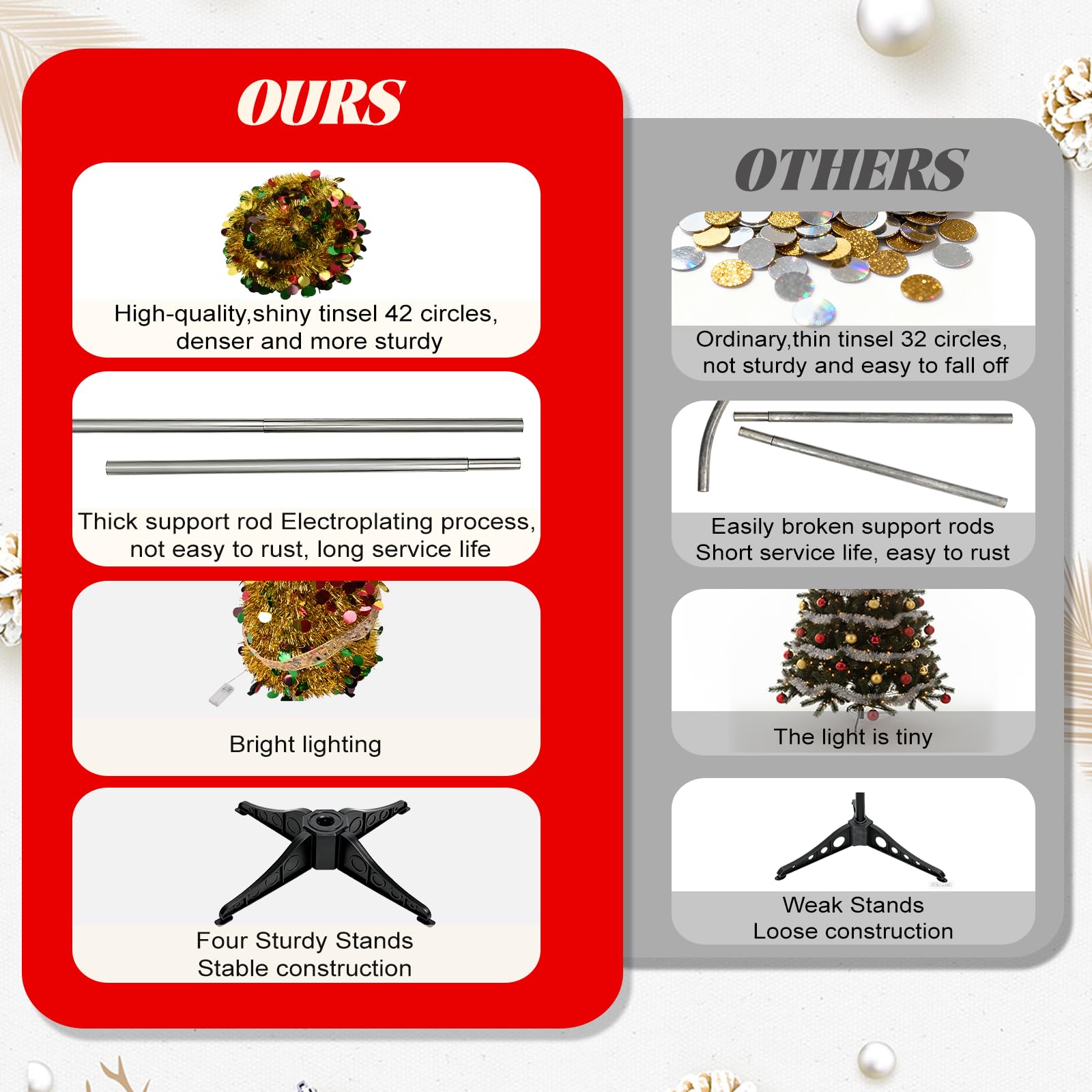 Albero di Natale 150cm pop up dorato slim con paillettes rosse e verdi, albero di Natale pieghevole per caminetto, soggiorno, ufficio, angolo, decorazioni feste, montaggio veloce