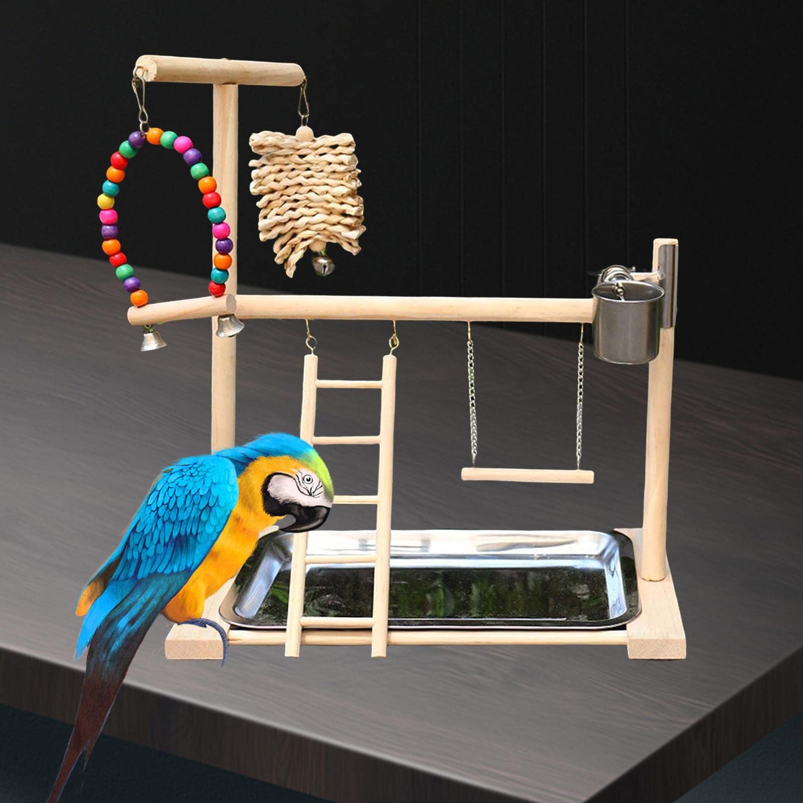 Perchoir pour Perroquets avec Balançoire, échelle, Mangeoire et Accessoires en Bois Naturel, Fabriqué à La Main. Convient Aux Animaux de Compagnie.