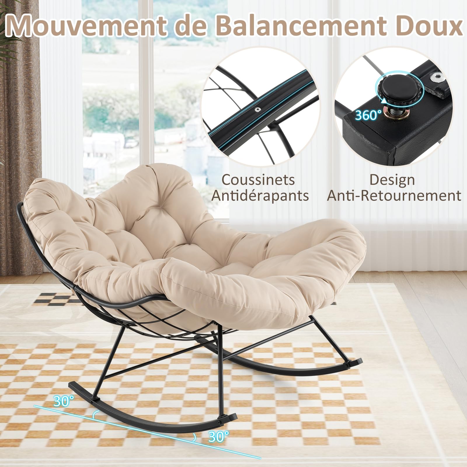 COSTWAY Fauteuil a Bascule d'Intérieur et d'Extérieur, Chaise Papasan Surdimensionnée avec Coussin Rembourré, Cadre en Métal, Fauteuil Œuf pour Salon, Patio, Capacité 205 kg (Beige)