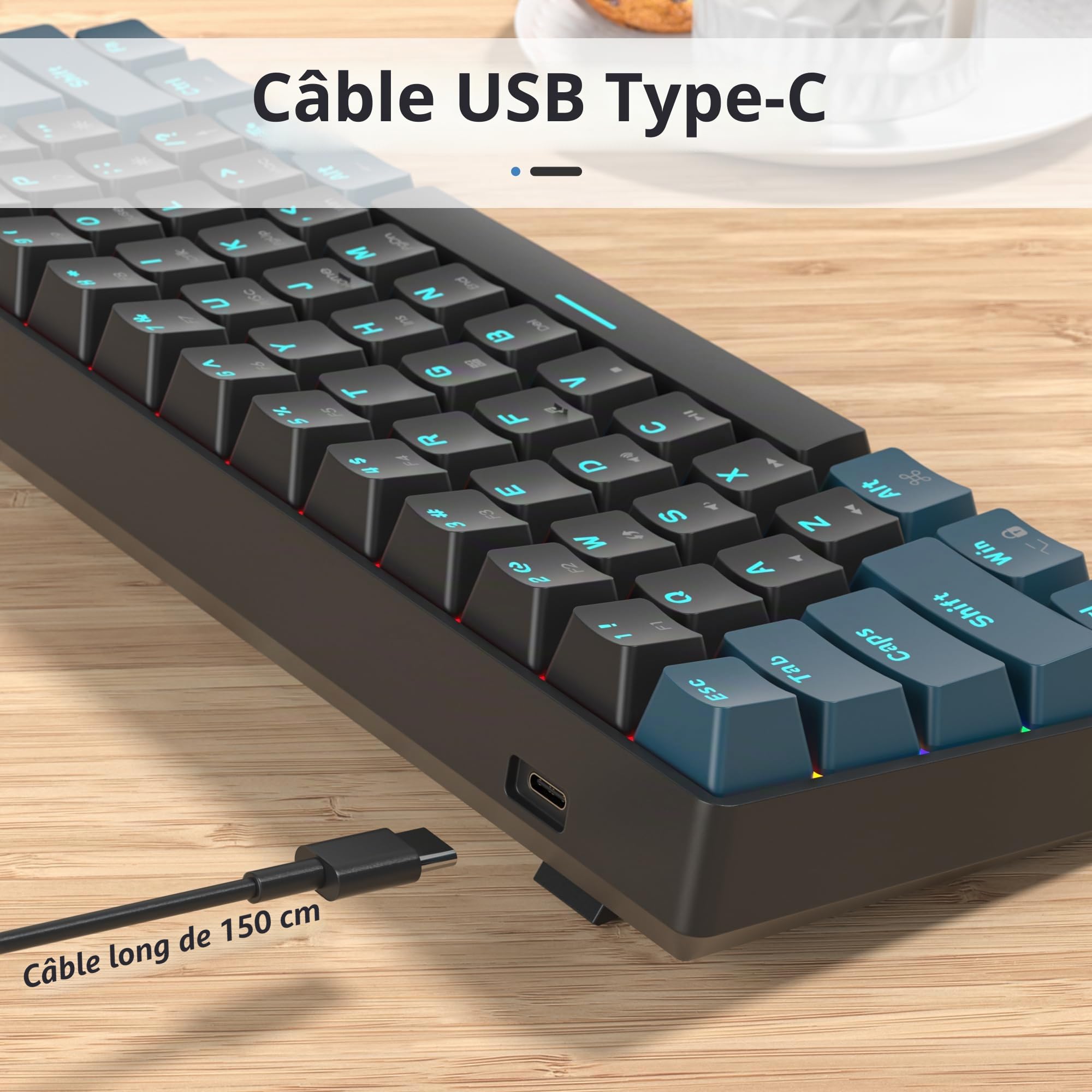 60% Clavier Gaming pour PC, Mini Clavier Gamer 60 Pourcent Mecanique, Filaire Clavier Gamer 60% USB American QWERTY Ultra-Compact à 61 Touches pour Gamer Win/Mac