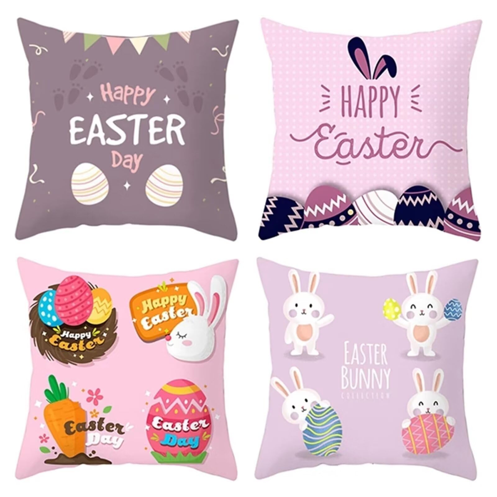 Juego de 4 Impermeable Funda de Cojín Lindo conejo de huevo,55x55cm Moderno Suave Transpirables Lino Fundas de Almohada Cojines Decorativos con Cremallera Oculta para Exterior Sofá Cama Coche Hogar