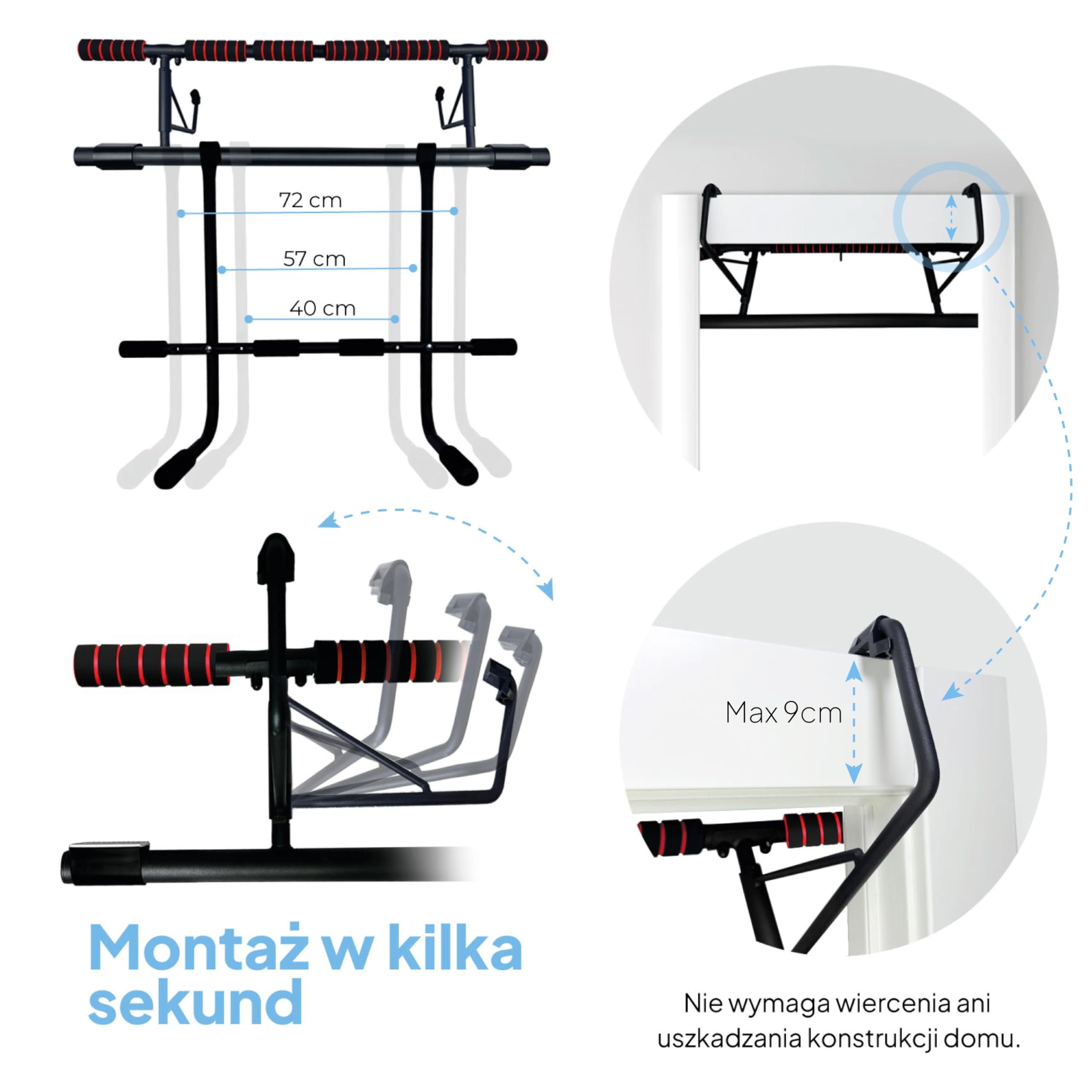 OcioDual Drążek do podciągania Door Pull-Up bez śrub + paski do podwieszania (+Dip), Drążek do podciągania montowany na drzwiach, Składany drążek do podciągania montowany na drzwiach