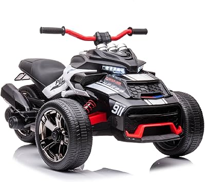 24V Kids ATV 3 Wheeler Ride on Motorcycle with LED Lights, Ride-on Electric Car for Kids with Rubber Plastic Polymerized EVA tire, Bluetooth, MP3, High/Low Speeds for Boys and Girls, Black