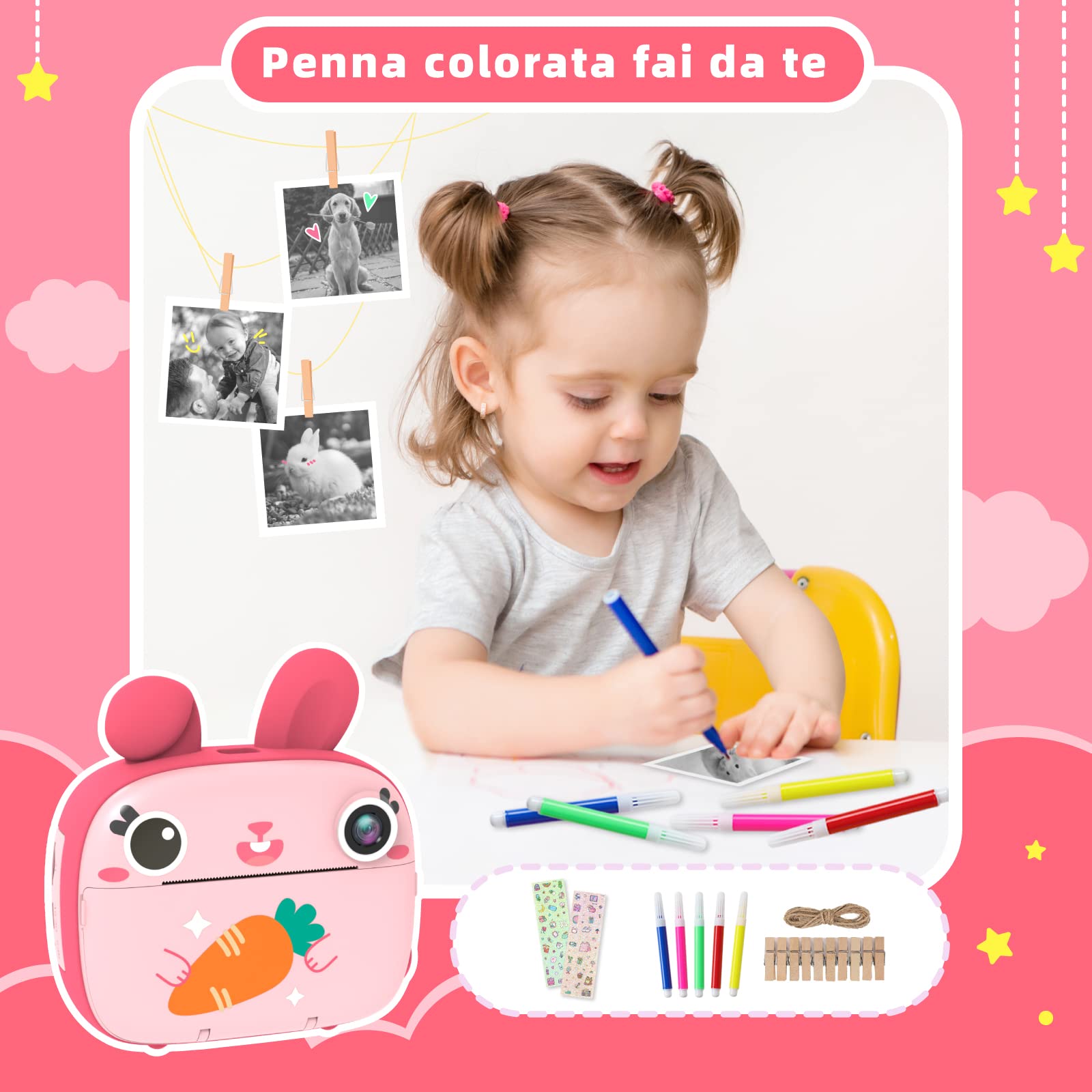 CAMCLID Macchina Fotografica Bambini Istantanea, 20MP/1080P HD Fotocamera Bambini con Carta da Stampa e 32G Scheda, Fotocamera Digitale Stampa Istantanea, Regalo per Bambini dai 3-12 Anni (Pink)
