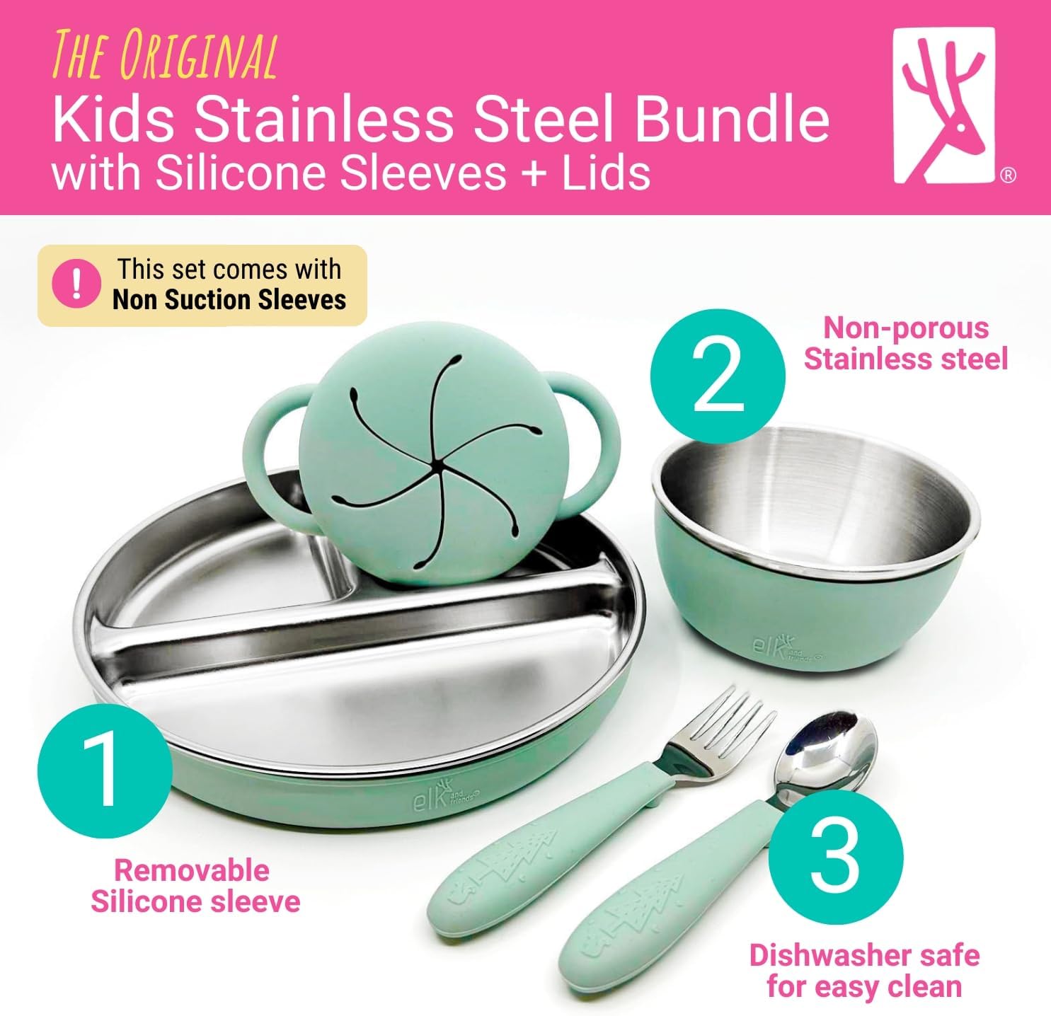 elk and friends kids stainless steel mealtime bundle | plates, bowls, snack cups + toddler utensils | silicone sleeves + travel storage lids | for meals + snacks | dishwasher safe blush/sage (normal sleeves)