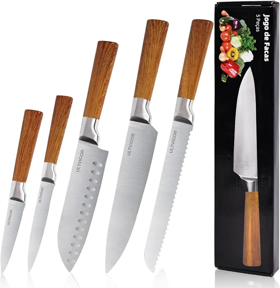 Jogo de Facas 5 Peças, 4CR13 Aço Inoxidável Afiado e Durável, Cabos antiderrapante, Corte Preciso para Cozinhas Domésticas, Inclui Faca de Chef, Santoku