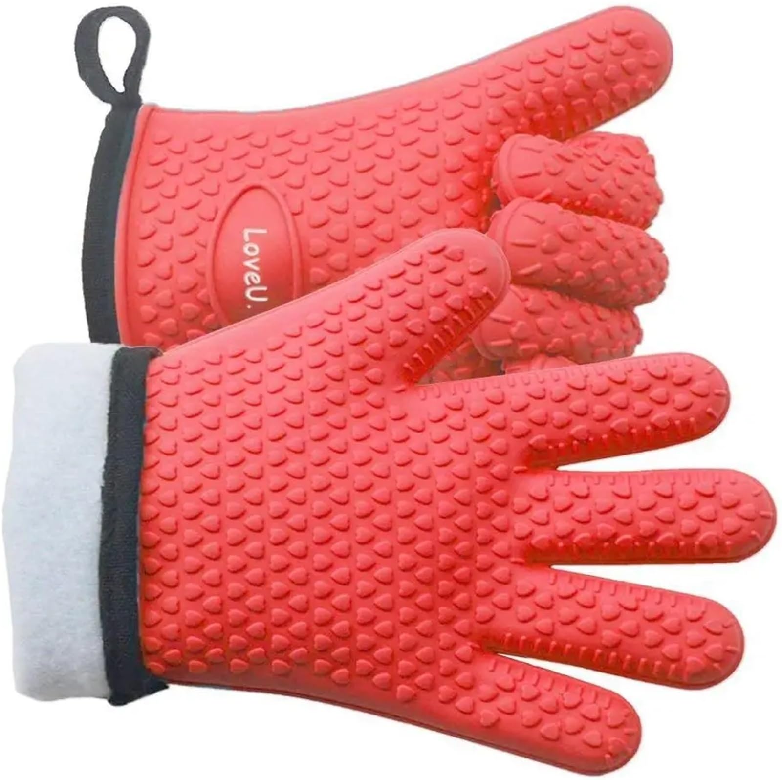 Heat Oven Gloves, Silicone Mitts with 5 Fingers, Waterproof Non-Slip for Barbecue Cooking Baking Red