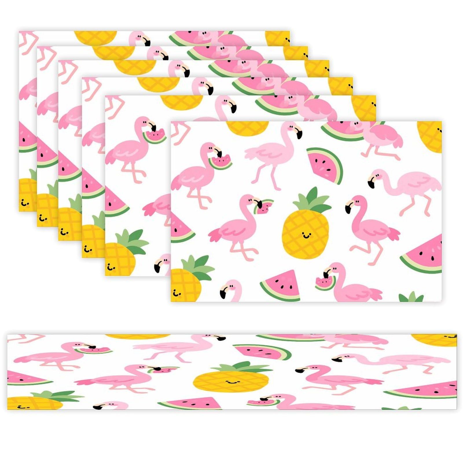 Flamingo Watermelon Pineapple Table Runner and Placemats Set of 7 Linen Table Mat Non-Slip Place Mats Washable Placemat Heat Resistant Place Mat with Table Runner for Party Dining Decor