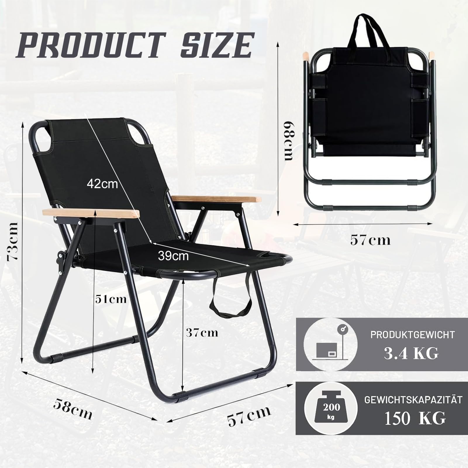 Campingstuhl Faltbar, Klappstuhl Faltstuhl Camping, Campingstuhl 2er Set, Anglerstuhl mit Armlehnen, Faltbare CampingstüHle Gartenstuhl für Angeln Picknick Wandern, Tragfähigkeit 200kg