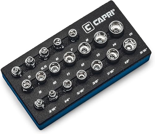 Miniatura 1 de Capri Tools Juego de llaves universales Drive Master de 14 pulgadas, 5 a 0.591 in, 316 a 916 pulgadas métricas y SAE, 19 piezas